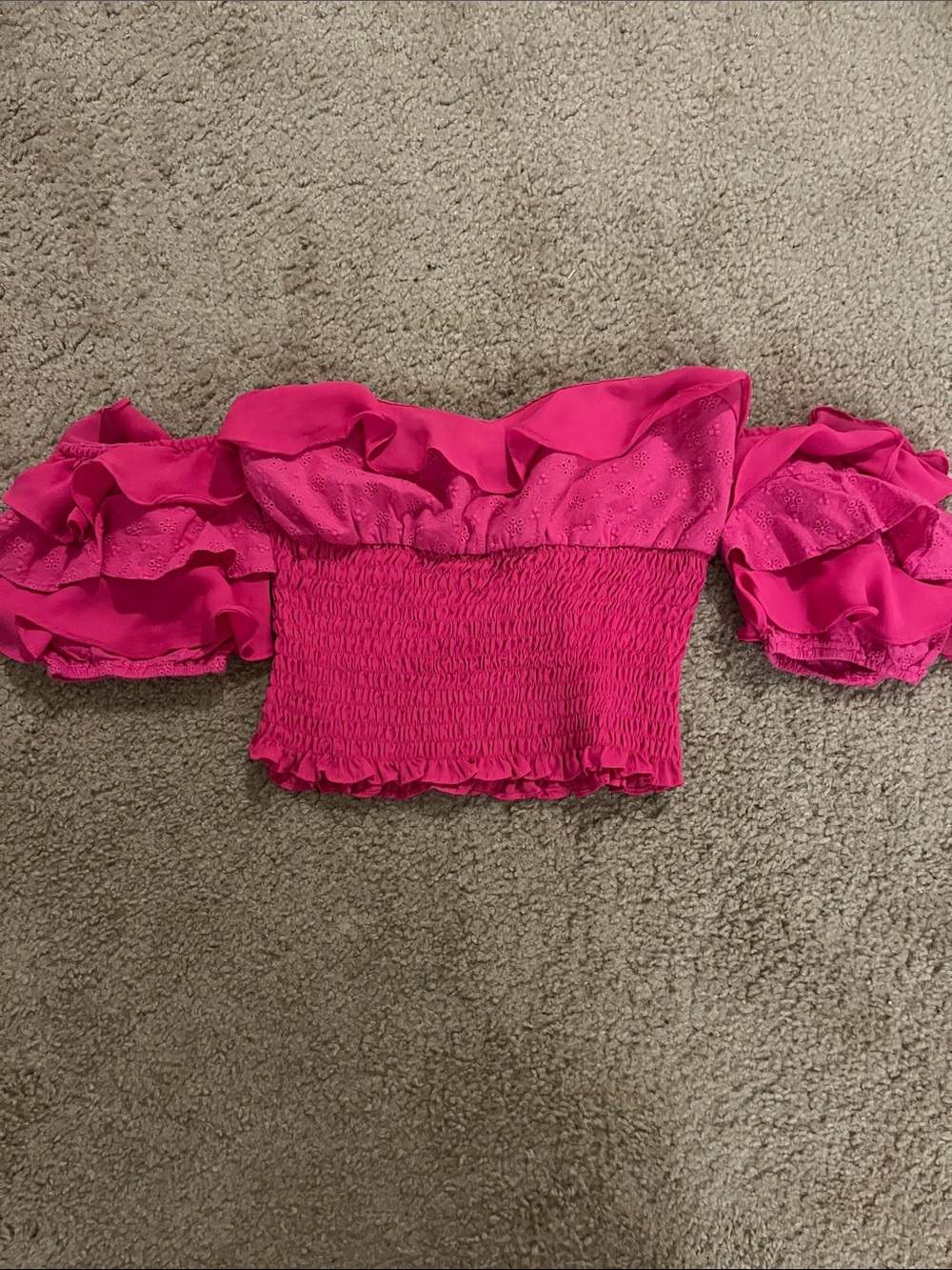 Ruffled Off-Shoulder Smocked Crop Top - Hot Pink